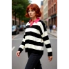 Kadın Günlük Şık Polo Yaka Çizgili Triko Kazak Relaxed Kalıp Düşük Kol Kış Sezonu Şıklığı Kaliteli
