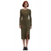 Kadın Haki Triko A line Maxi Elbise Fitilli Dokulu Çıtçıt Detaylı Modern Şık Tasarım Kaliteli