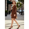 Kadın Kahverengi A Kesim Bürümcük Dokulu Balon Kol Bisiklet Yaka Uzun Kollu Mini Elbise Günlük