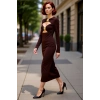 Kadın Kahverengi Bodycon Midi Elbise Aksesuar Detaylı Uzun Kollu Sandy Örme Kokteyl Şıklığı