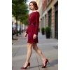Kadın Kemerli A Kesim Kayık Yaka Uzun Kollu Dokuma Mini Elbise Modern İş ve Günlük Kombinler İçin
