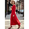 Kadın Kırmızı Dokuma Skater Elbise Uzun Kollu Bisiklet Yaka Maxi Boy Günlük Şık Giyim İçin İdeal