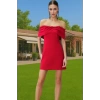 Kadın Kısa Elbise Mini Boy Carmen Yaka Nefes Alan Polyester Elastan Dokuma Elbise Uzun Ömürlü