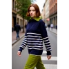 Kadın Kışlık Geniş Kalıp Düşük Kol Triko Kazak Yarım Fermuar Detaylı Çizgili Tasarım Kaliteli