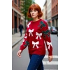 Kadın Kışlık Yılbaşı Temalı Fiyonklu İncili Bisiklet Yaka Uzun Kol Düşük Omuz Regular Triko Kazak