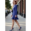 Kadın Lacivert A Kesim Dokuma Elbise Dik Yaka Balon Kollu Mini Boy Sonbahar Kış Ofis Stili