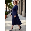 Kadın Lacivert A Line Midi Düz Uzun Kollu Bisiklet Yaka Şık Rahat Dokuma Elbise Kaliteli