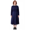 Kadın Lacivert A Line Midi Düz Uzun Kollu Bisiklet Yaka Şık Rahat Dokuma Elbise Kaliteli