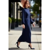 Kadın Lacivert Aerobin Dokuma Maxi Boy Hakim Yaka Britli Düz Rahat Şık Günlük Elbise Kaliteli