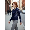 Kadın Lacivert Çizgili Polo Yaka Triko Kazak Akrilik Düşük Kol Rahat Basic Günlük Giyim Kaliteli