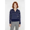 Kadın Lacivert Çizgili Polo Yaka Uzun Düşük Kol Akrilik Triko Kazak Regular Kalıp Günlük Kaliteli