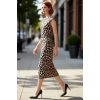 Kadın Leopar Desenli Midi Boy Astarlı Dokuma Elbise Bisiklet Yaka Kolsuz Rahat Kesim Yaz Bahar Stili