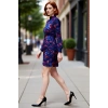 Kadın Mavi Çiçekli A Line Şifon Dokuma Dik Yaka Balon Kol Mini Elbise Şık Kışlık Kombinler