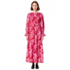 Kadın Maxi Elbise Dokuma Çiçekli Desen Büzgülü Uzun Kol Kırmızı Zarif Bisiklet Yaka Modern Stil