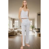 Kadın Melanj İnce Askılı Örme Pijama Takımı Dantelli Detay Yırtmaçlı Rahat Konforlu Kesim