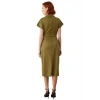 Kadın Midi Boy Elbise Haki Renk Süet Örme Düz Desenli Dik Yaka Düşük Kollu ve Büzgülü Detaylı Şık