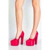 Kadın Moda Şık Fuşya Rugan Klasik Sivri Kalın Topuklu Platformlu Düğün Nişan Gece Abiye Ayakkabı