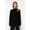 Kadın Modern Oversize Düşük Kol Siyah Akrilik Triko Kazak Cut Out Detaylı Günlük Şıklık Kaliteli