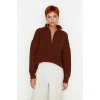 Kadın Oversize Basic Dokulu Uzun Kollu Fermuarlı Dik Yaka Selanik Örgü Triko Kazak Kaliteli
