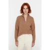 Kadın Oversize Düşük Kol Fermuarlı Dik Yaka Triko Selanik Örgü Basic Uzun Kollu Kazak Kaliteli