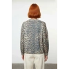 Kadın Oversize Düşük Kol Leopar Desenli Akrilik Polyester Günlük Bisiklet Yaka Triko Kazak Konforu
