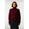 Kadın Oversize Fitilli Bordo Balıkçı Yaka Uzun Reglan Kollu Crop Akrilik Triko Kazak Kaliteli