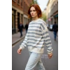 Kadın Oversize Kesim Bej Gri Çizgili Bisiklet Yaka Akrilik Triko Kazak Kışlık Konforu Kaliteli
