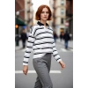 Kadın Oversize Polo Yaka Çizgili Triko Kazak Düşük Kol Rahat Kesim Günlük Şıklık İçin İdeal