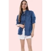 Kadın Pamuk Denim Gömlek Bebe Yaka Bağlama Detaylı Günlük Stil Hafta Sonu Kaliteli Malzeme