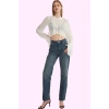 Kadın Pamuk Denim Jean; Yüksek Bel Straight Kalıp Boru Paça Günlük Kullanım Modern Tasarım
