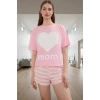 Kadın Pamuklu Çizgili Kalpli Pijama Takımı Rahat Homewear Tasarımı Uzun Ömürlü Özel Tasarım