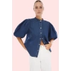 Kadın Pamuklu Denim Gömlek Regular Kalıp Balon Kol Volanlı Detaylar Rahat Günlük Stil Hafta Sonu