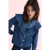 Kadın Pamuklu Denim Gömlek Volanlı Yaka Büzgülü Kollar Günlük ve Ofis Şıklığı Modern Tasarım