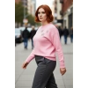 Kadın Pembe Taş Detaylı Regular Kalıp Düşük Kol Bisiklet Yaka Yumuşak Hissiyatlı Kışlık Triko Kazak