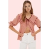 Kadın Polyester Gömlek Gofreli Dokuma Bebe Yaka Ekose Desenli Uzun Kollu Dayanıklı Malzeme