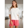 Kadın Rahat Pamuklu Çizgili Pijama Takımı Bisiklet Yaka Bağlamalı Detaylar Yazlık Modern Stil