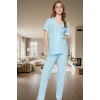 Kadın Rahat Pamuklu Örme Pijama Takımı Çizgili Desenli Uyku Bantlı Zarif Tasarım Konforlu Kesim