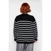 Kadın Rahat Siyah Çizgili Gold Düğme Detaylı Bisiklet Yaka Şardon Akrilik Triko Kazak Kışlık