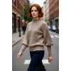 Kadın Regular Fit Yumuşak Dokulu Triko Kazak Balon Kol Dik Yaka Saç Örgü Kış Sezonu Şıklığı