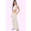 Kadın Regular Pantolon Geniş Paça Wide Leg Keten Görünümlü Dokuma Casual Dayanıklı Malzeme