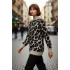 Kadın Relaxed Kalıp Animal Desen Uzun Kollu Dik Yaka Triko Kazak Basic Kışlık Cool Comfort Tarz