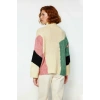 Kadın Şık Dik Yaka Oversize Renk Bloklu Düşük Kol Uzun Triko Kazak Kış Modasına Yeni Bir Soluk