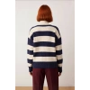 Kadın Şık Oversize Kalın Triko Kazak Selanik Dokuma Çizgili Dik Yaka Düşük Kol Kış Stili Kaliteli