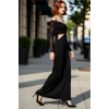 Kadın Siyah Bodycon Kayık Yaka Maxi Uzun Kol Cut Out Detaylı Şık Abiye Elbise Mezuniyet Baloları