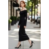 Kadın Siyah Bodycon Maxi Elbise Carmen Yaka Düşük Kol Kışlık Düz Örme Şıklığı Sunar Kaliteli