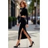 Kadın Siyah Dik Yaka Uzun Kollu Bodycon Cut Outlı Midi Boy Şık Gece Mezuniyet Abiye Elbise