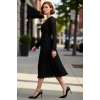 Kadın Siyah Midi Boy Kruvaze Yaka Piliseli A Kesim Kuşaklı Astarlı Polyester Uzun Kol Elbise