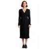 Kadın Siyah Midi Boy Kruvaze Yaka Piliseli A Kesim Kuşaklı Astarlı Polyester Uzun Kol Elbise