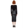Kadın Siyah Suni Deri Bodycon Midi Elbise Kemerli Uzun Kollu Bisiklet Yaka Şık Tasarım Kaliteli