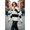 Kadın Triko Çizgili Fermuarlı Dik Yaka Oversize Kazak Konforlu Düşük Kol Kış Giyim Tarzı Kaliteli